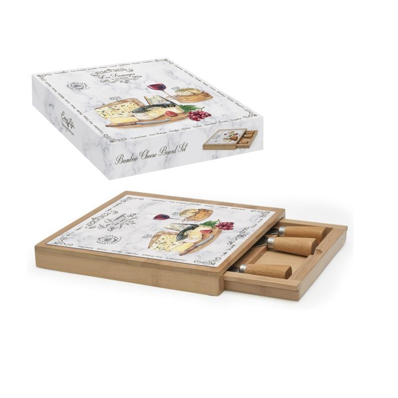 [R0891LESF] EASYLIFE | PLATEAU A FROMAGE 25,5 X 25,5 CM EN VERRE ET BAMBOU AVEC TIROIR LES FROMAGES